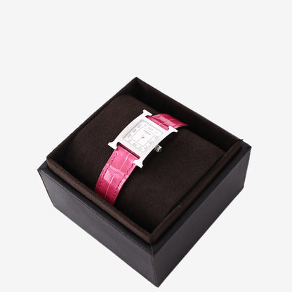 Hermès Heure H Watch in Framboise Crocodile Leather with Palladium Hardware