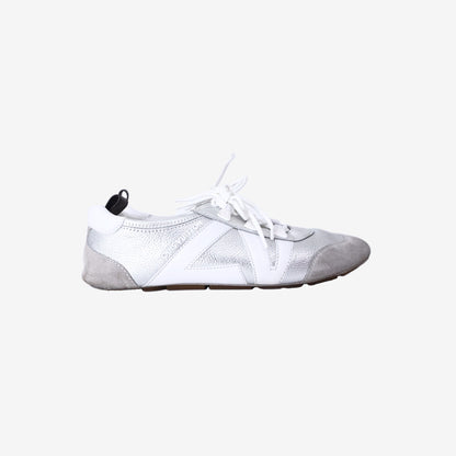 Louis Vuitton LV Sneakerinas in Metallic Silver Grained Calf Leather with White Trim (Size 38.5)