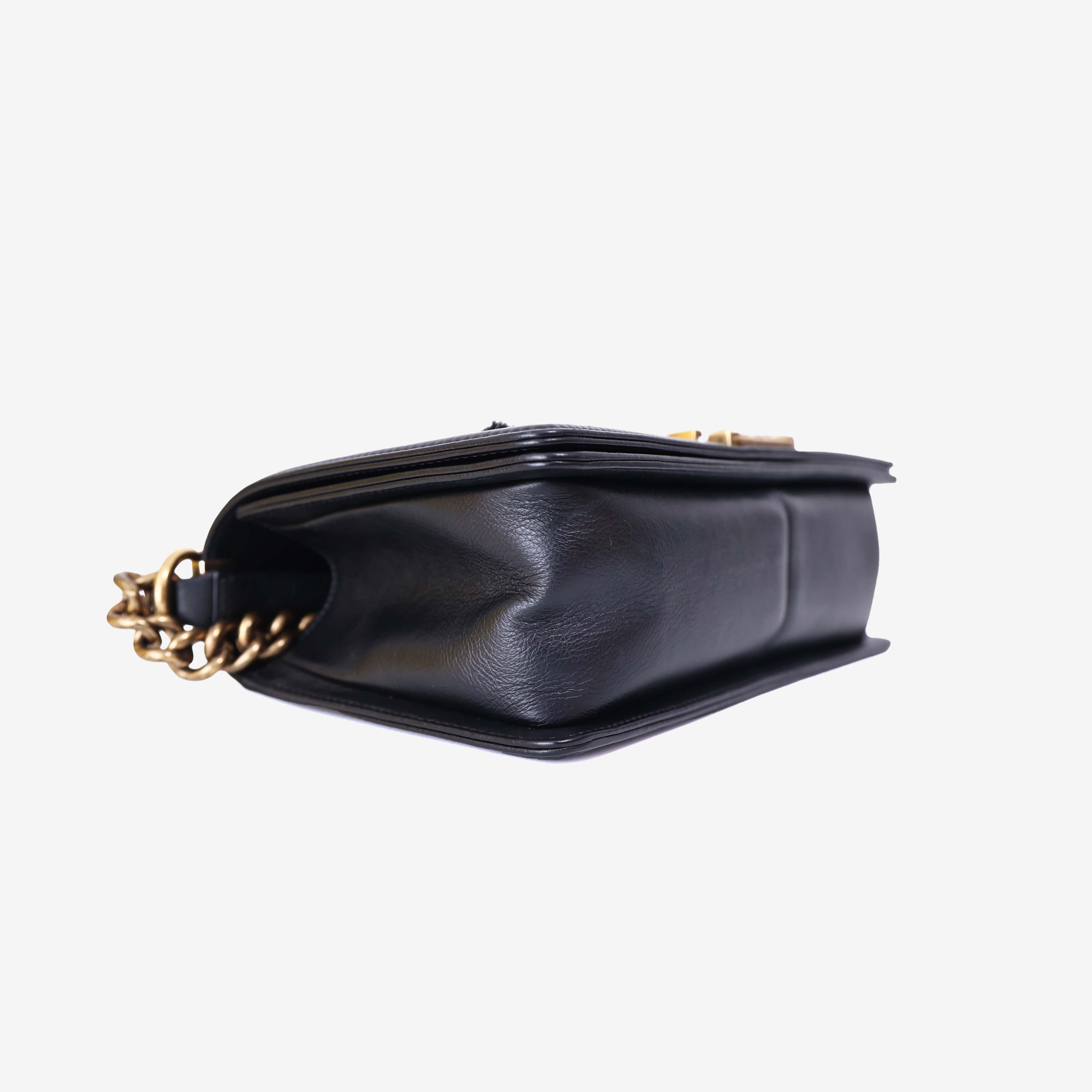 Chanel Boy Bag in Black Pony Hair Leather with Gold Hardware bottom side view
