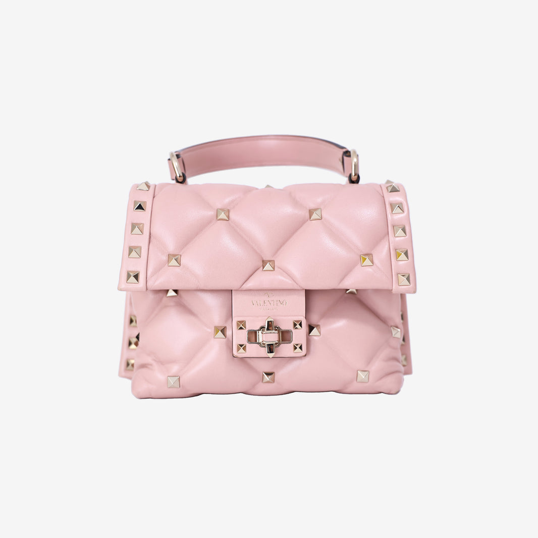 Valentino Garavani Candystud Medium Bag In Pink Calfskin Leather with Gold Hardware front view