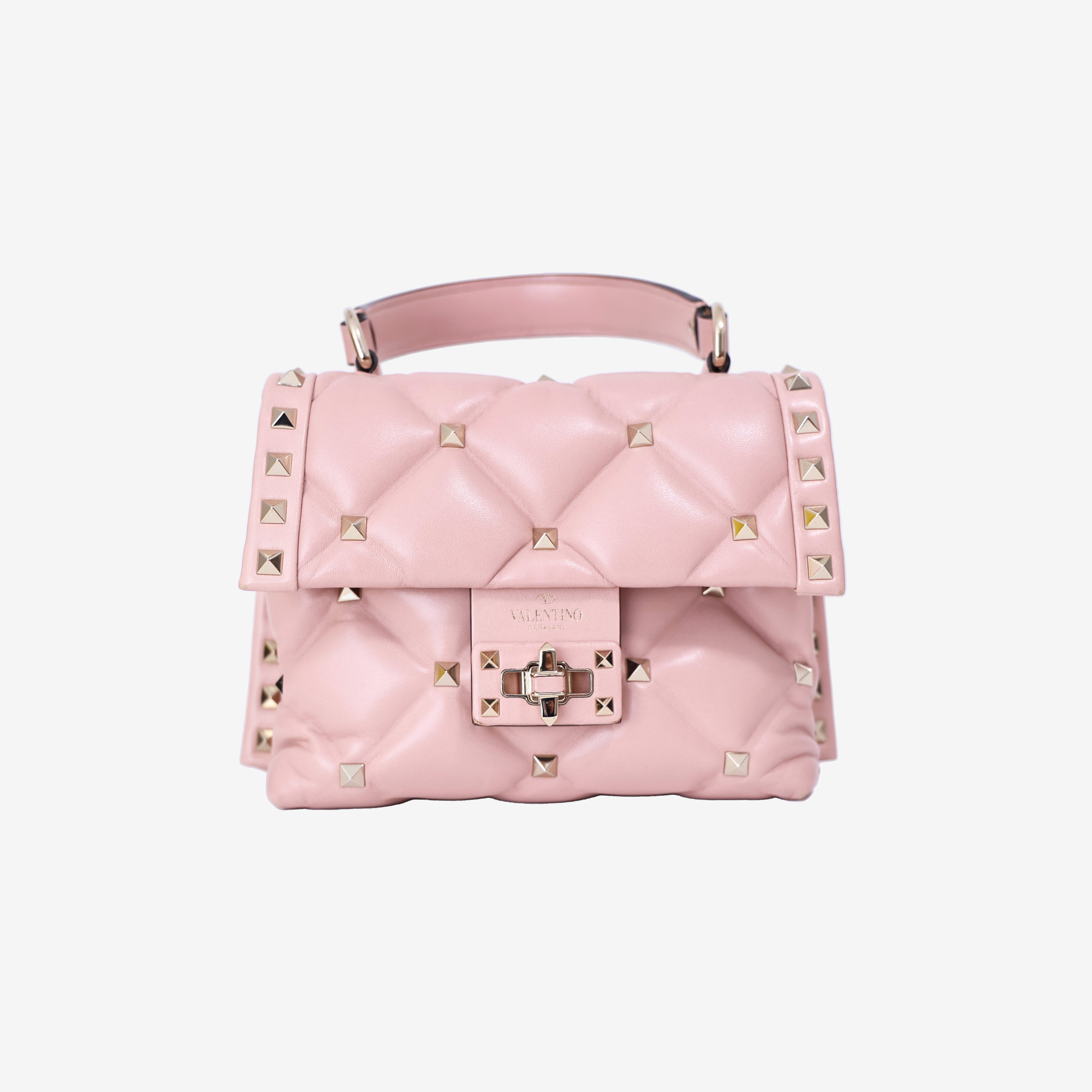 Valentino Garavani Candystud Medium Bag In Pink Calfskin Leather with Gold Hardware front view
