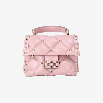 Valentino Garavani Candystud Medium Bag In Pink Calfskin Leather with Gold Hardware front view