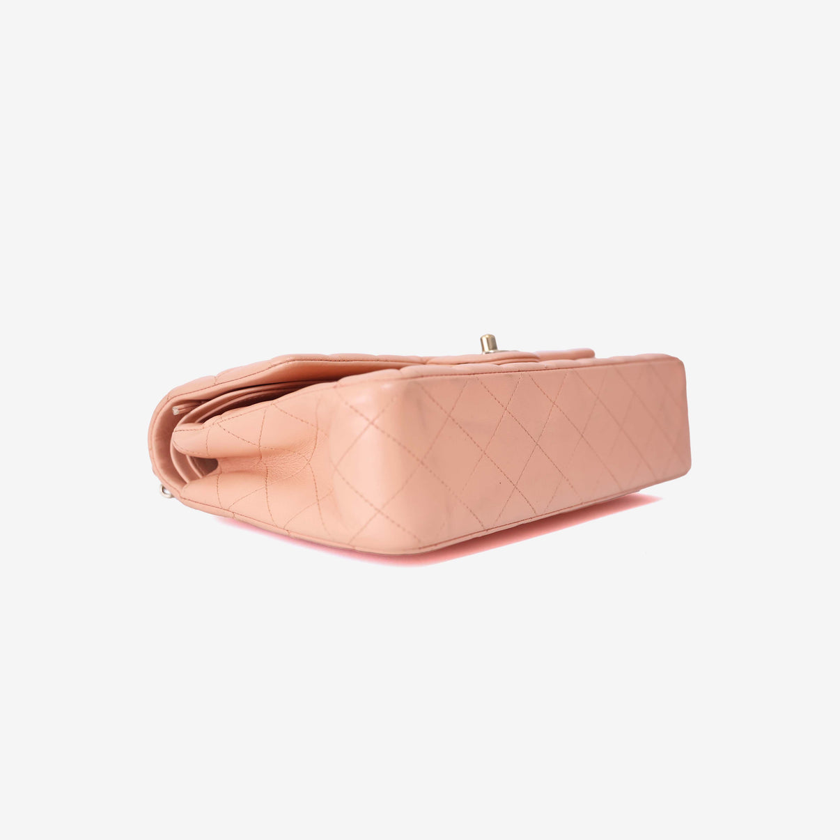 Chanel Classic Double Flap Medium Bag in Peach Lambskin Leather with Gold Hardware bottom side view