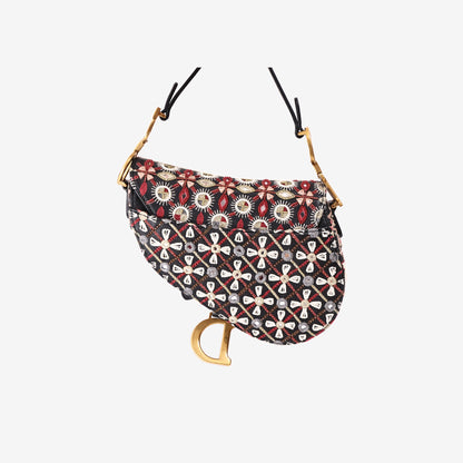 Christian Dior Mini Saddle Bag in Black/Burgundy/White Embroidered Canvas with Gold Hardware