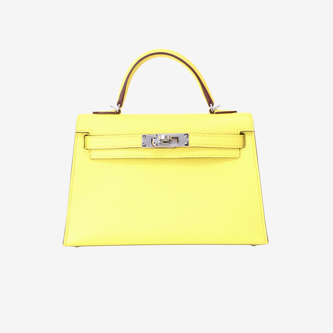 Hermès Mini Kelly 20 in Jaune Citron Chevre Mysore Leather with Palladium Hardware front view