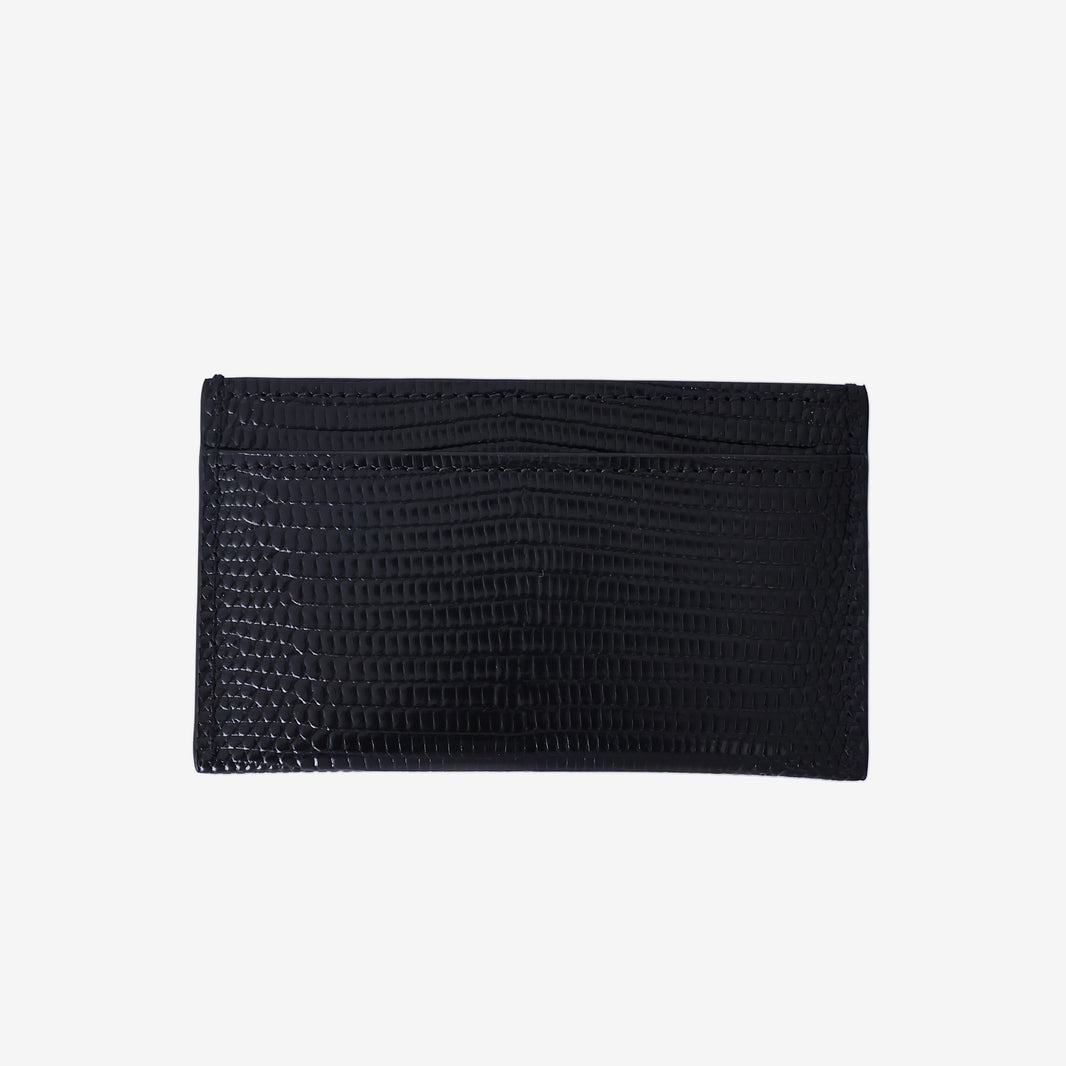 Chanel Lizard Embossed Card Holder in Black Calfskin with Gold Hardware