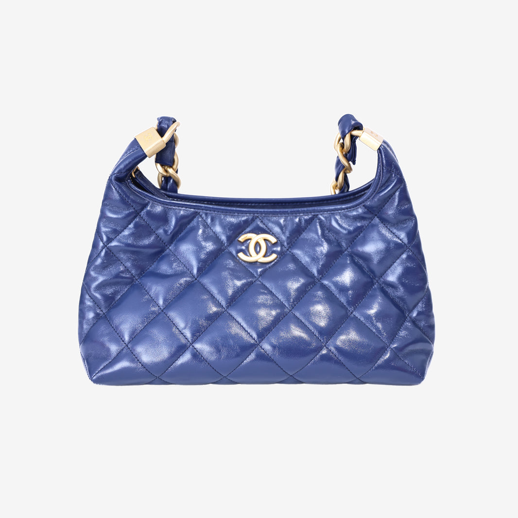 Chanel Wild Stitch Hobo Bag in Blue Shiny Lambskin Leather with Gold Hardware front view