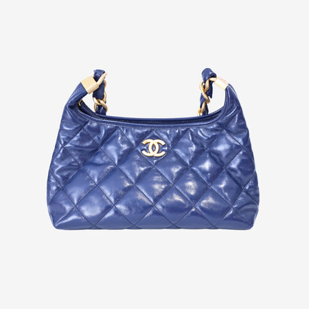 Chanel Wild Stitch Hobo Bag in Blue Shiny Lambskin Leather with Gold Hardware front view