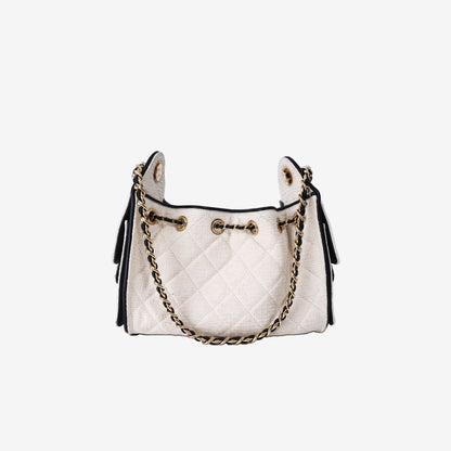 Chanel 25 Mini Hobo Bag in Ecru Quilted Canvas/Black Calfskin with Gold Hardware