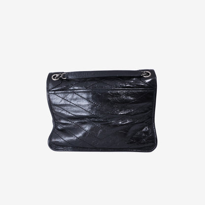 Saint Laurent Medium Niki Shoulder Bag in Black Crinkled Calfskin Leather with Silver Hardware