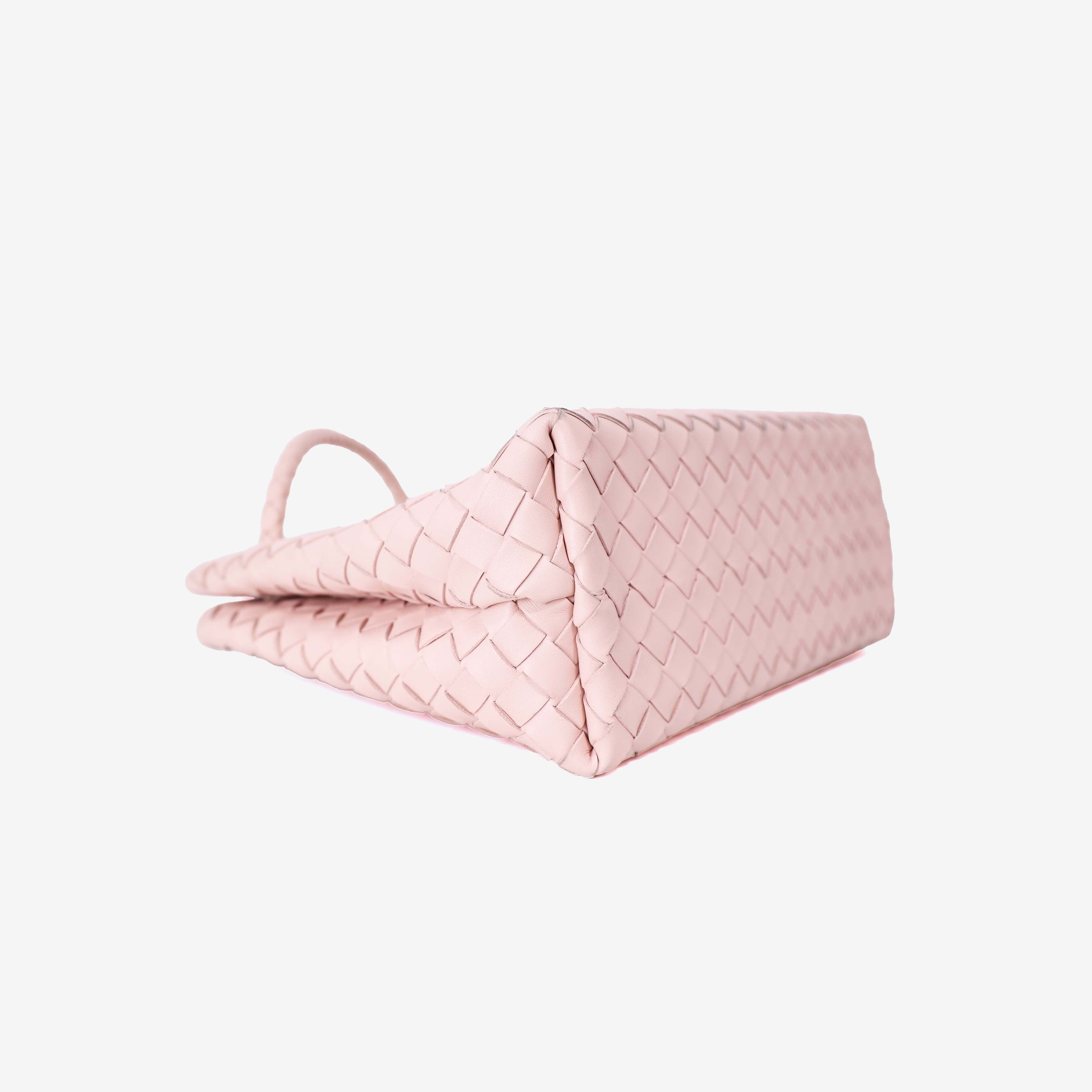 Bottega Veneta Medium Andiamo Bag in Light Pink Leather with Gold Hardware bottom side view