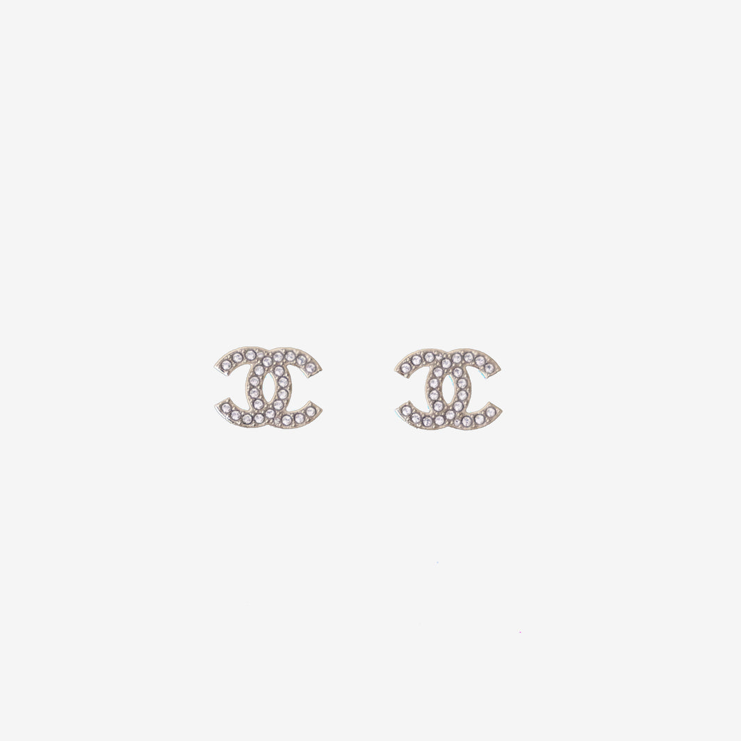 Chanel CC Logo Stud Earrings with Crystal Embellishment