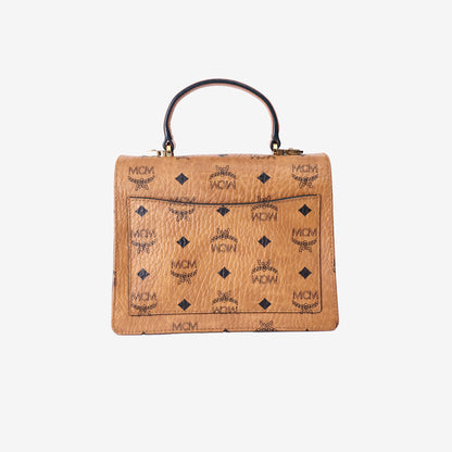 MCM Patricia Visetos Satchel Bag in Cognac Visetos Coated Canvas with Gold Hardware