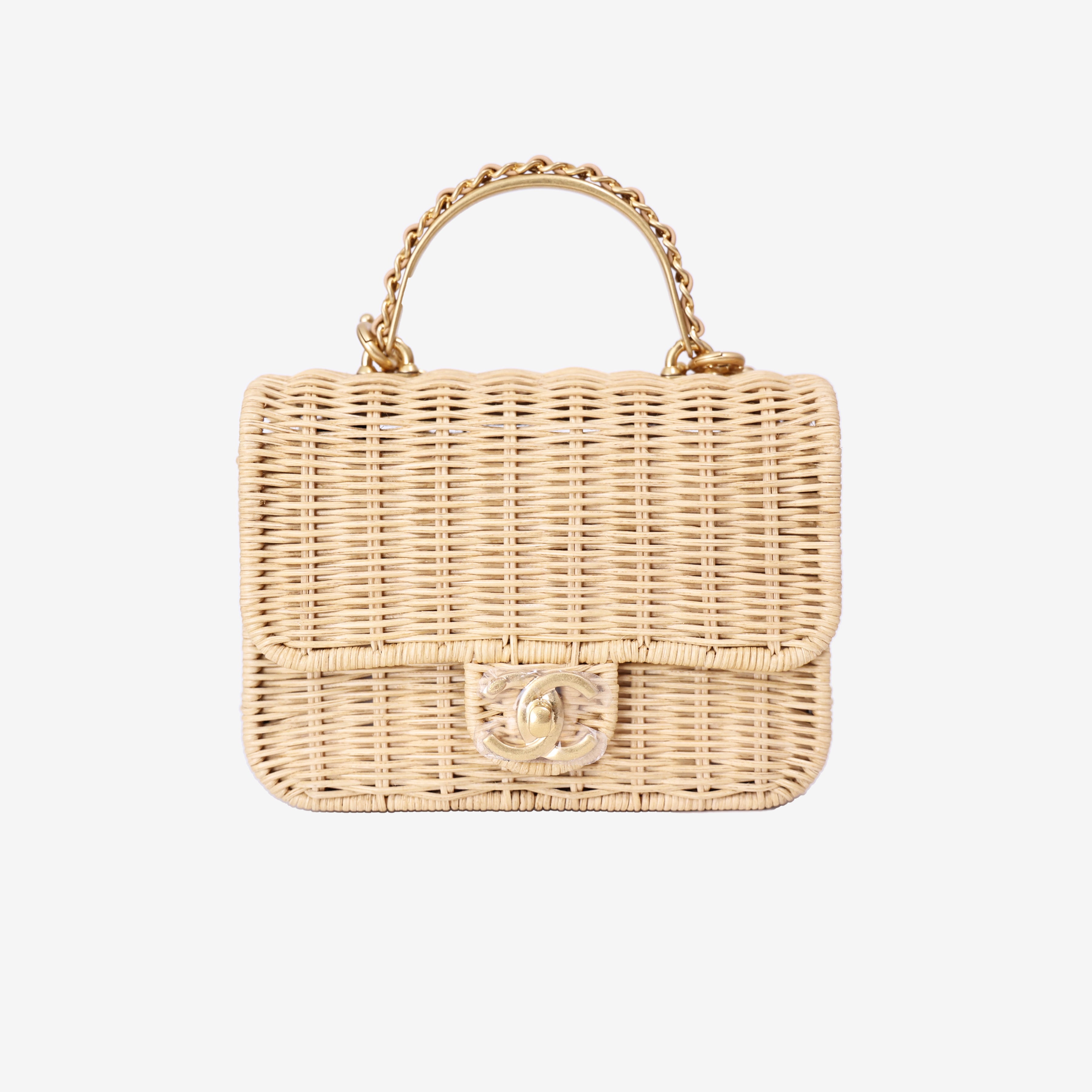 Chanel Mini Flap Bag with Top Handle in Beige Braided Rattan with Gold Hardware front view