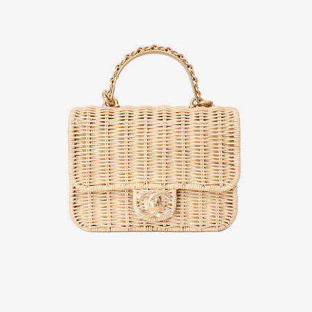 Chanel Mini Flap Bag with Top Handle in Beige Braided Rattan with Gold Hardware front view