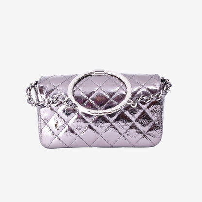 Chanel Mini Ring Handle Flap Bag in Silver Metallic Calfskin Leather with Silver Hardware