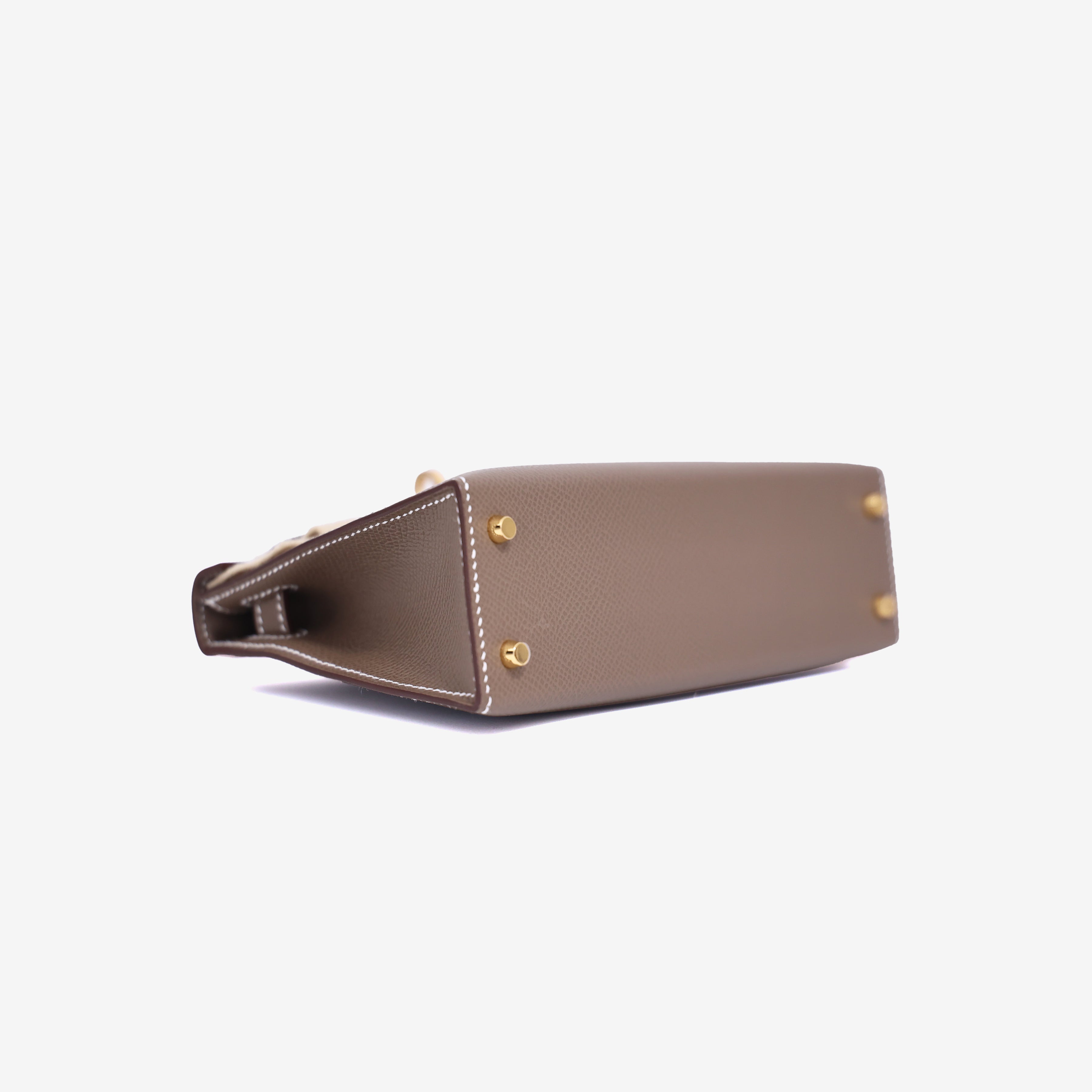 Hermès Mini Kelly 20 in Etoupe Epsom Leather in Gold Hardware bottom side view