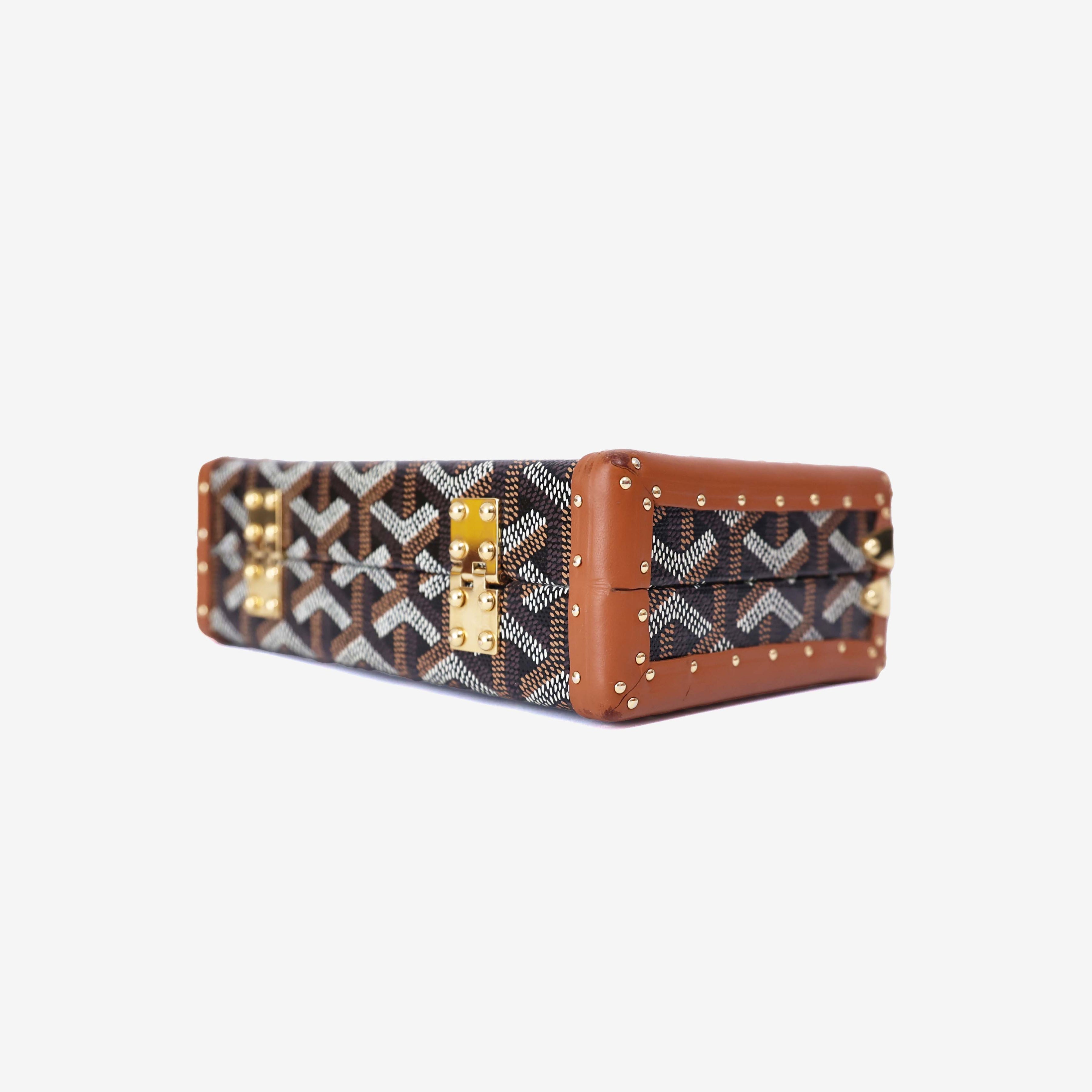 Goyard Minaudière Trunk Shoulder Bag in Black/Tan Goyardine Canvas with Clamecy Cowhide with Gold Hardware bottom side view