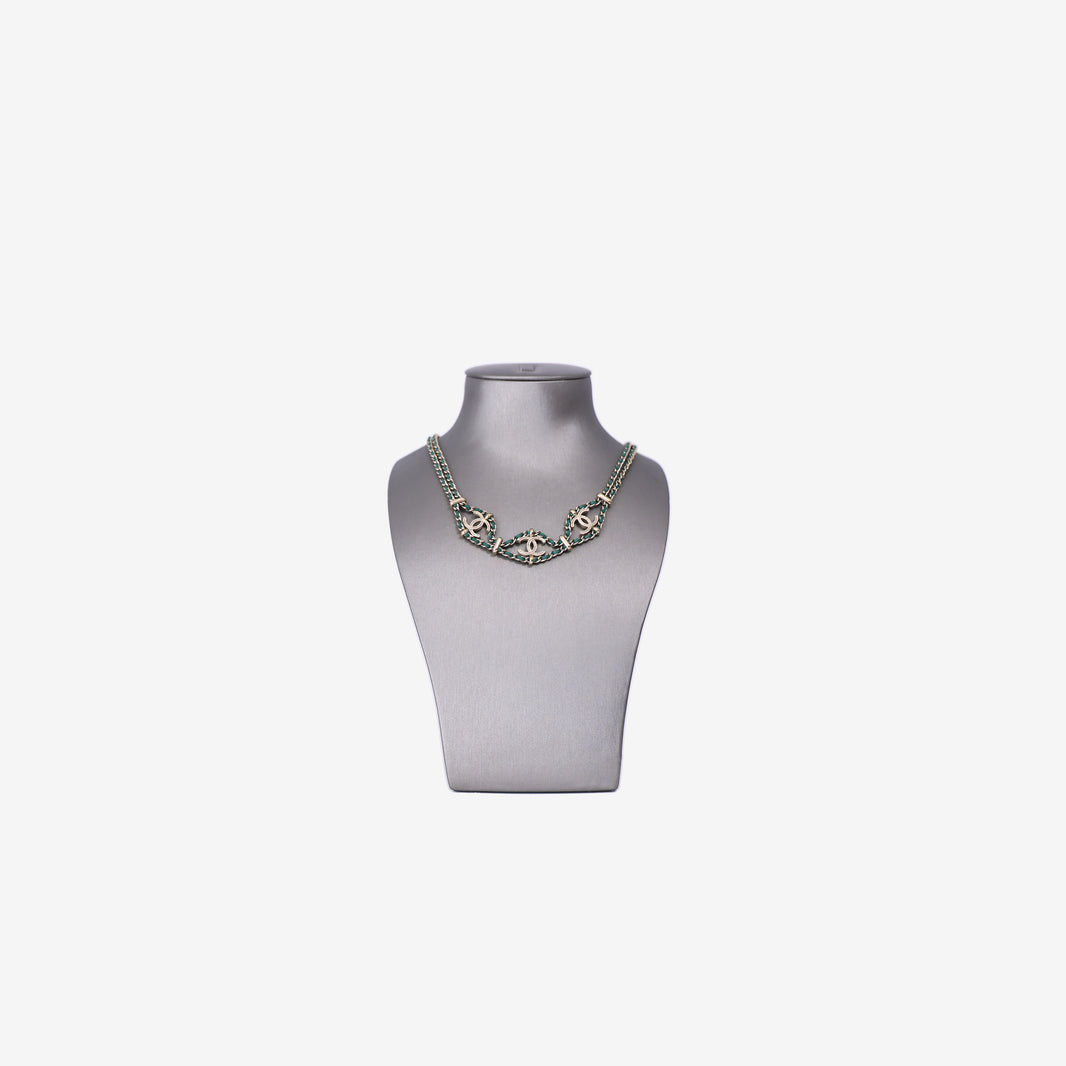 Chanel Leather CC Wrap Necklace in Green Leather with Gold Hardware front view