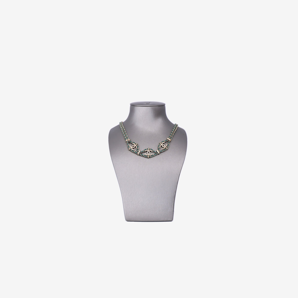 Chanel Leather CC Wrap Necklace in Green Leather with Gold Hardware front view