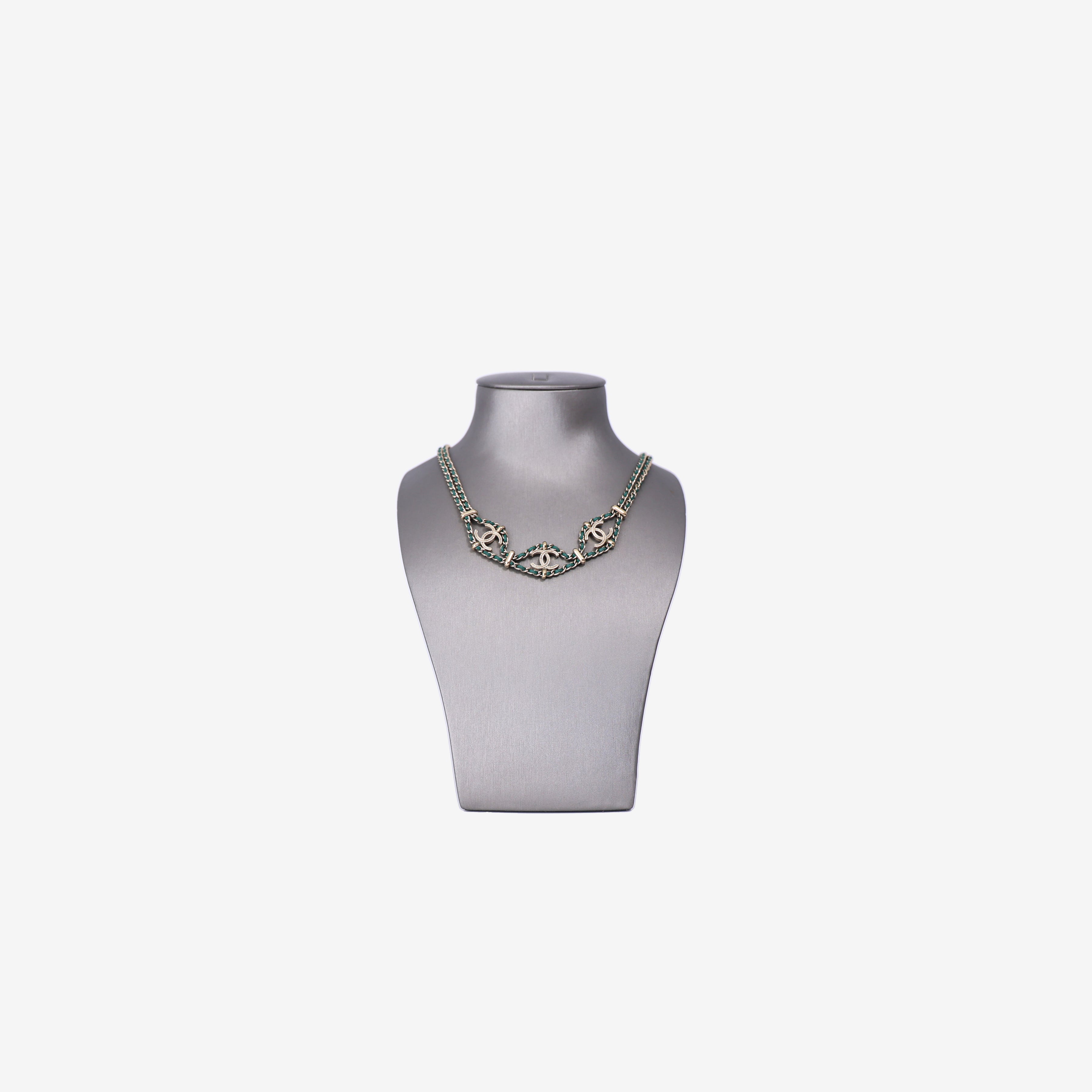 Chanel Leather CC Wrap Necklace in Green Leather with Gold Hardware front view