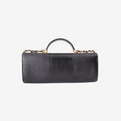 Chanel 26A Clutch with Top Handle in Black Lizard-Embossed Calfskin with Gold Hardware
