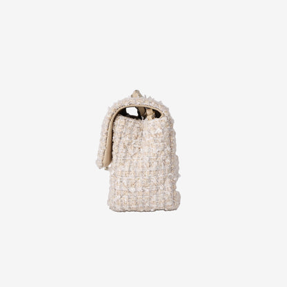 Chanel Tweed Quilted Mini Rectangular Flap in Off-White and Beige Tweed with Gold Hardware