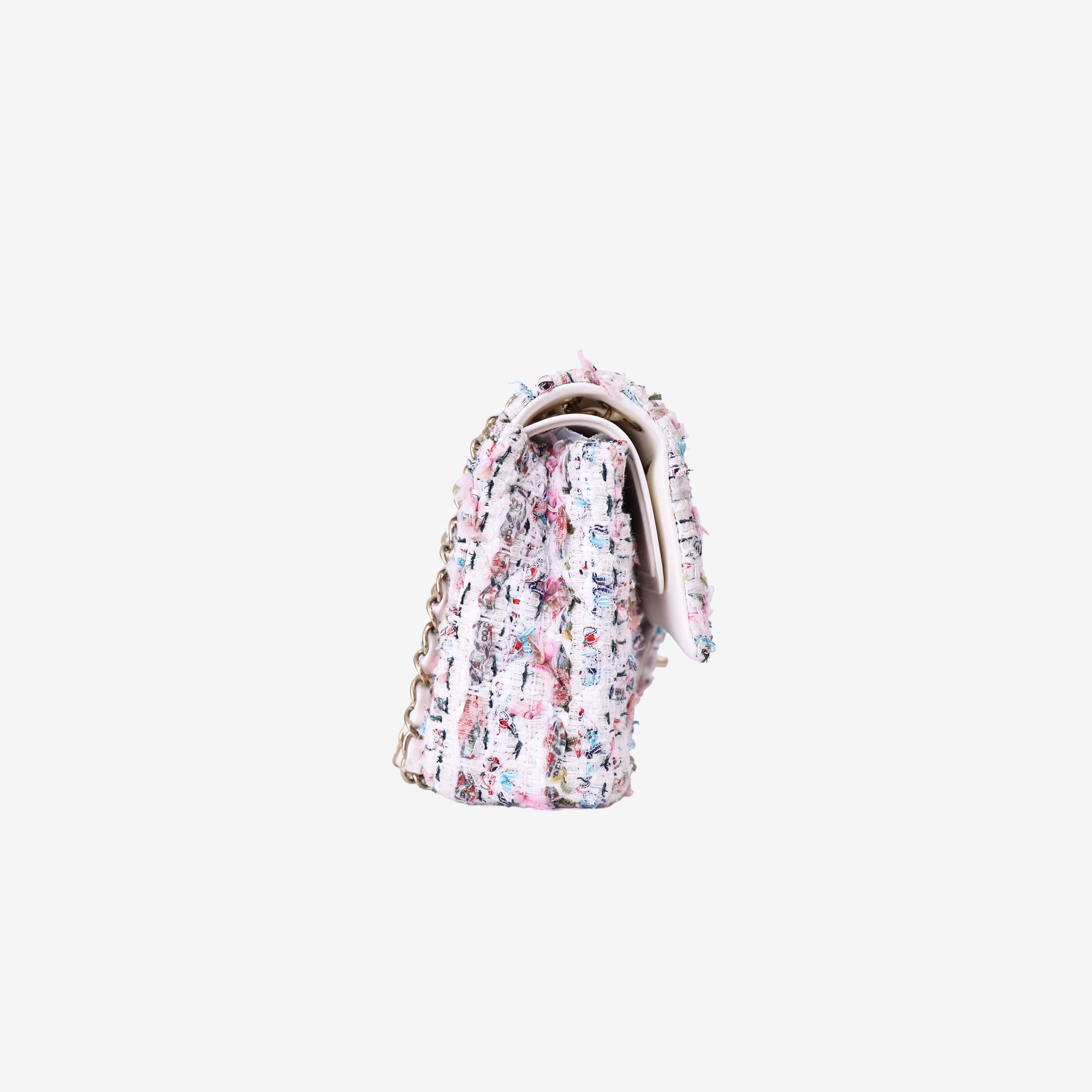 Chanel Classic Flap Bag in White/Pink Tweed Leather with Gold Hardware side view