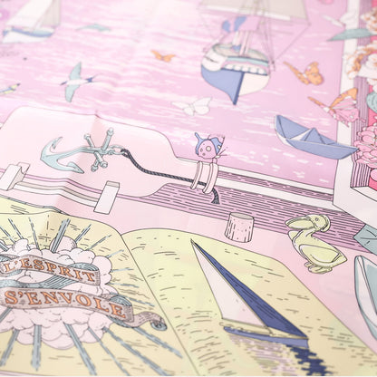Hermès Carré 90 L'Esprit s'Envole Silk Scarf in Rose Bonbon/Parme/Bleu Jean