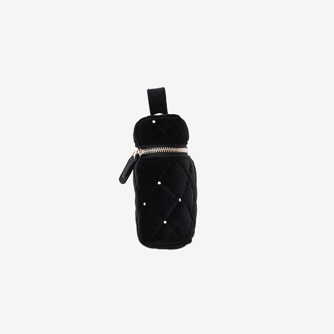 Chanel Velvet Diamanté Quilted Top Handle Vanity Case in Black with Gold Hardware side view