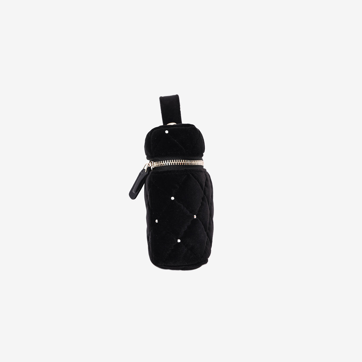 Chanel Velvet Diamanté Quilted Top Handle Vanity Case in Black with Gold Hardware side view