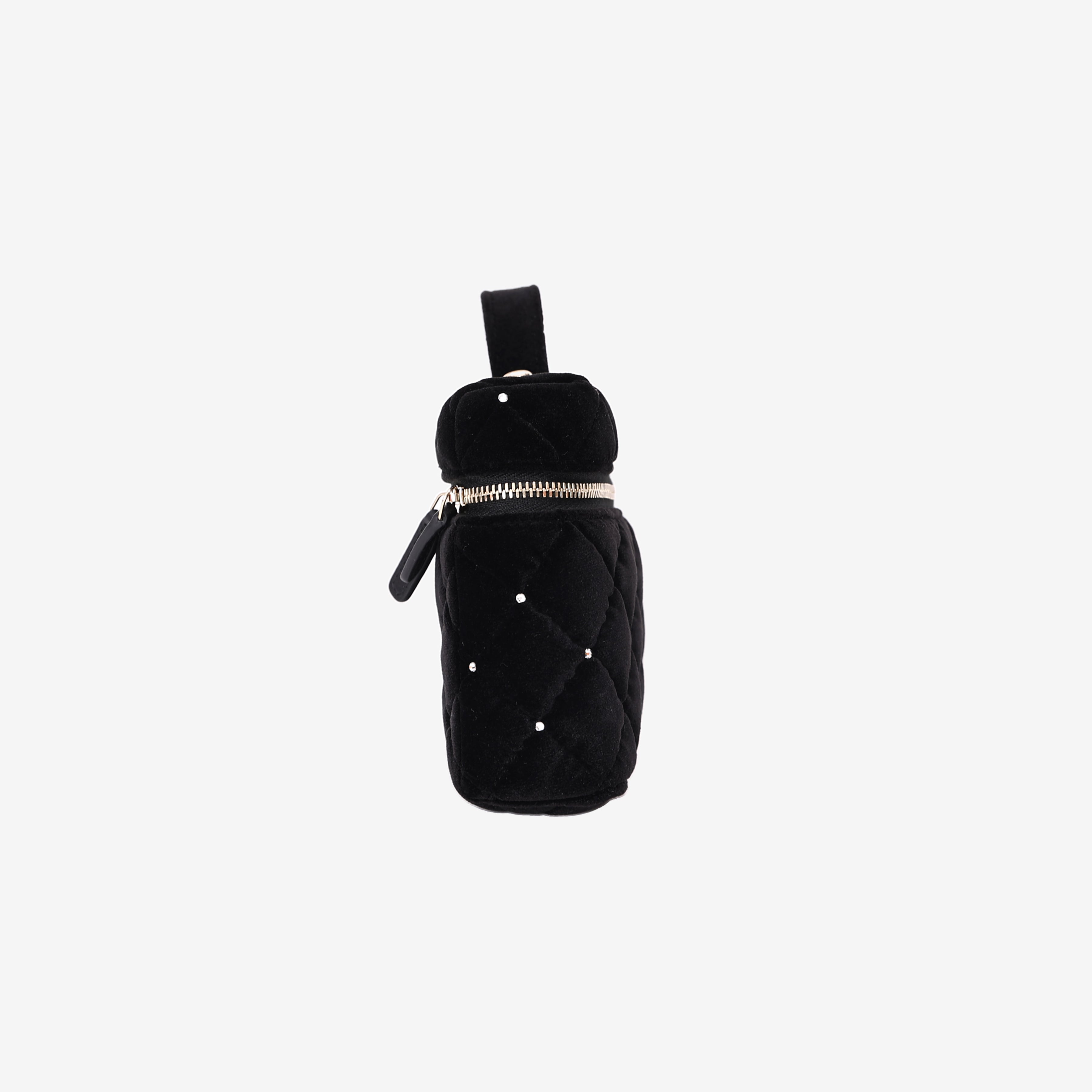 Chanel Velvet Diamanté Quilted Top Handle Vanity Case in Black with Gold Hardware side view