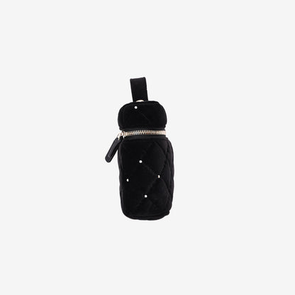 Chanel Velvet Diamanté Quilted Top Handle Vanity Case in Black with Gold Hardware side view
