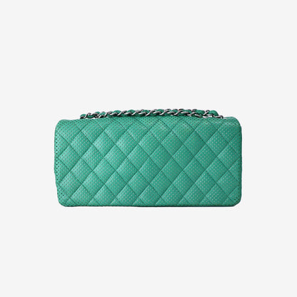 Chanel East/West Classic Flap Bag in Green Perforated Quilted Lambskin Leather with Silver Hardware