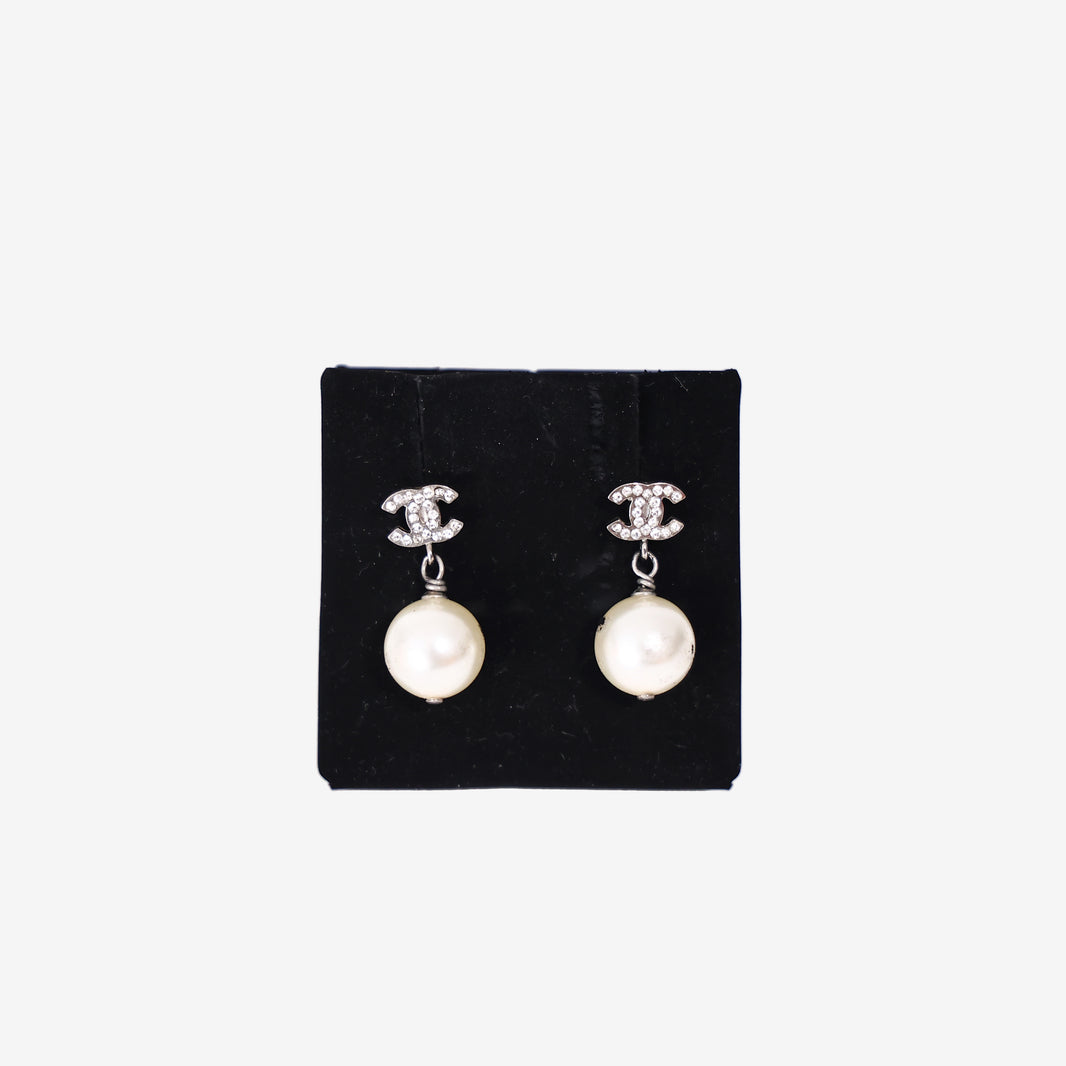 Chanel Faux Pearl Earrings in Silver-Tone Metal
