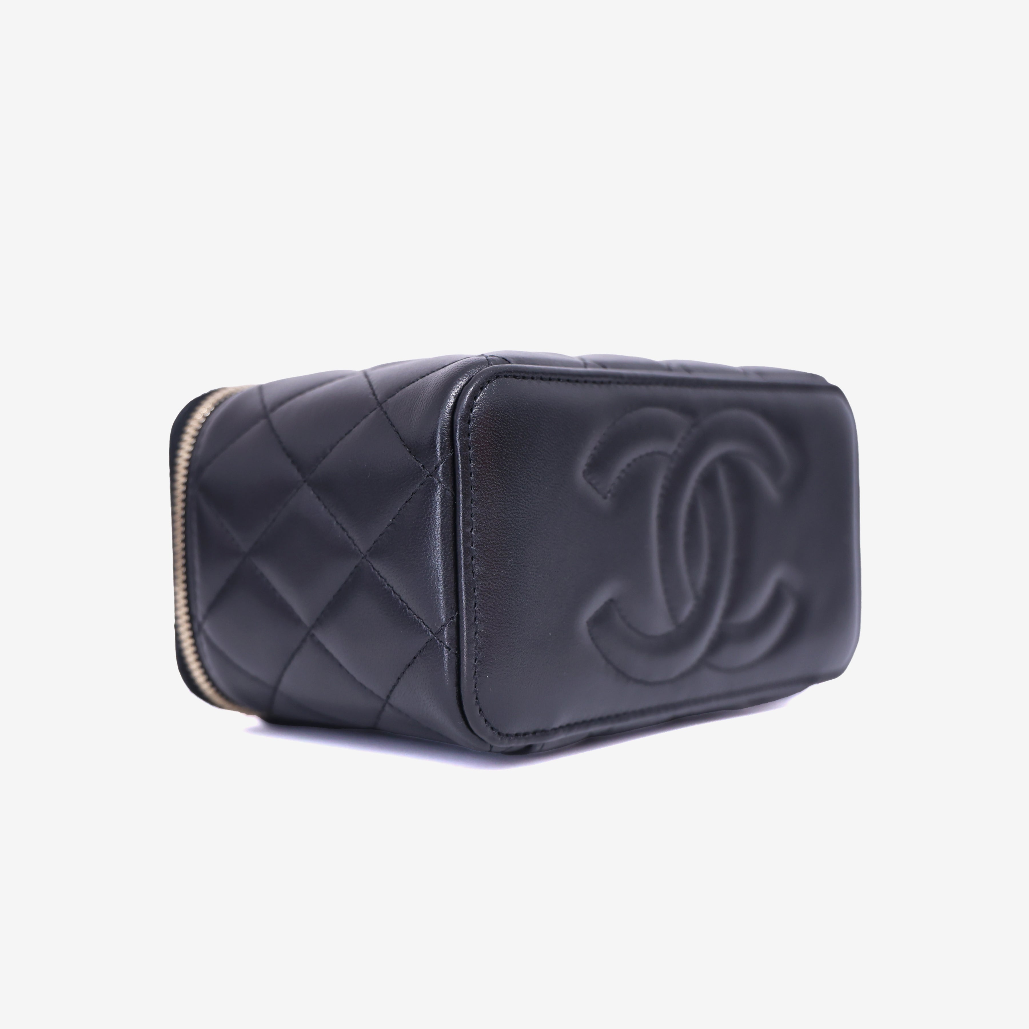 Chanel Vanity Case with Top Handle in Black Lambskin Leather with Gold Hardware bottom side view