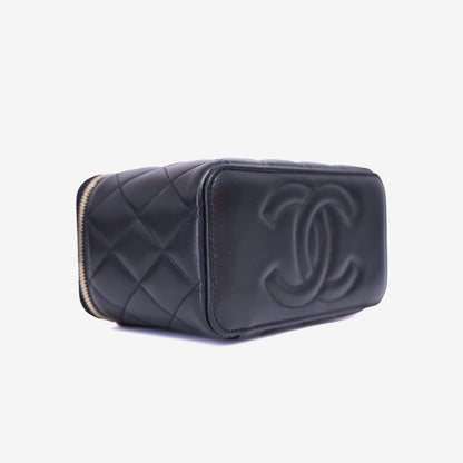 Chanel Vanity Case with Top Handle in Black Lambskin Leather with Gold Hardware bottom side view