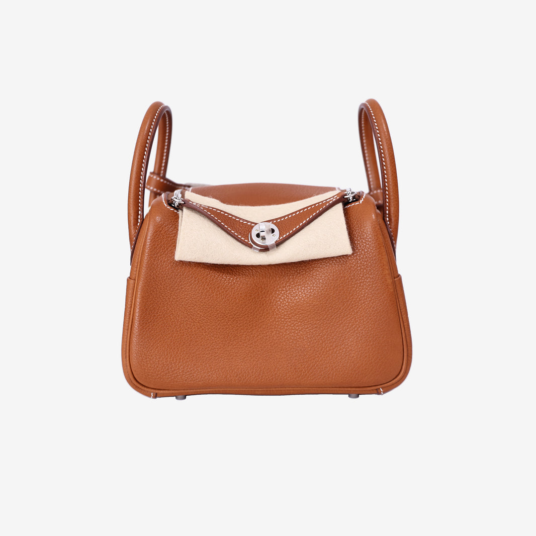 Hermès Mini Lindy in Gold Barenia Leather with Palladium Hardware front view