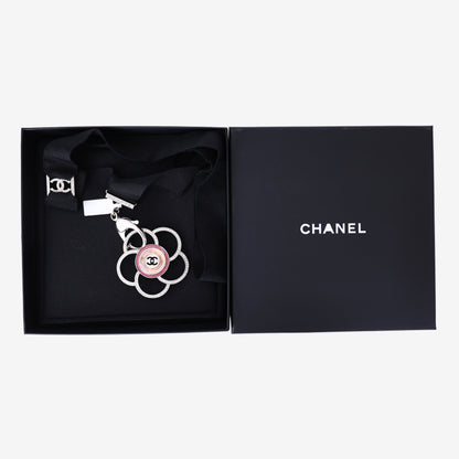 Chanel Camellia Pendant Necklace in Black Grosgrain Ribbon with Crystal Detailing and Silver Hardware detail view
