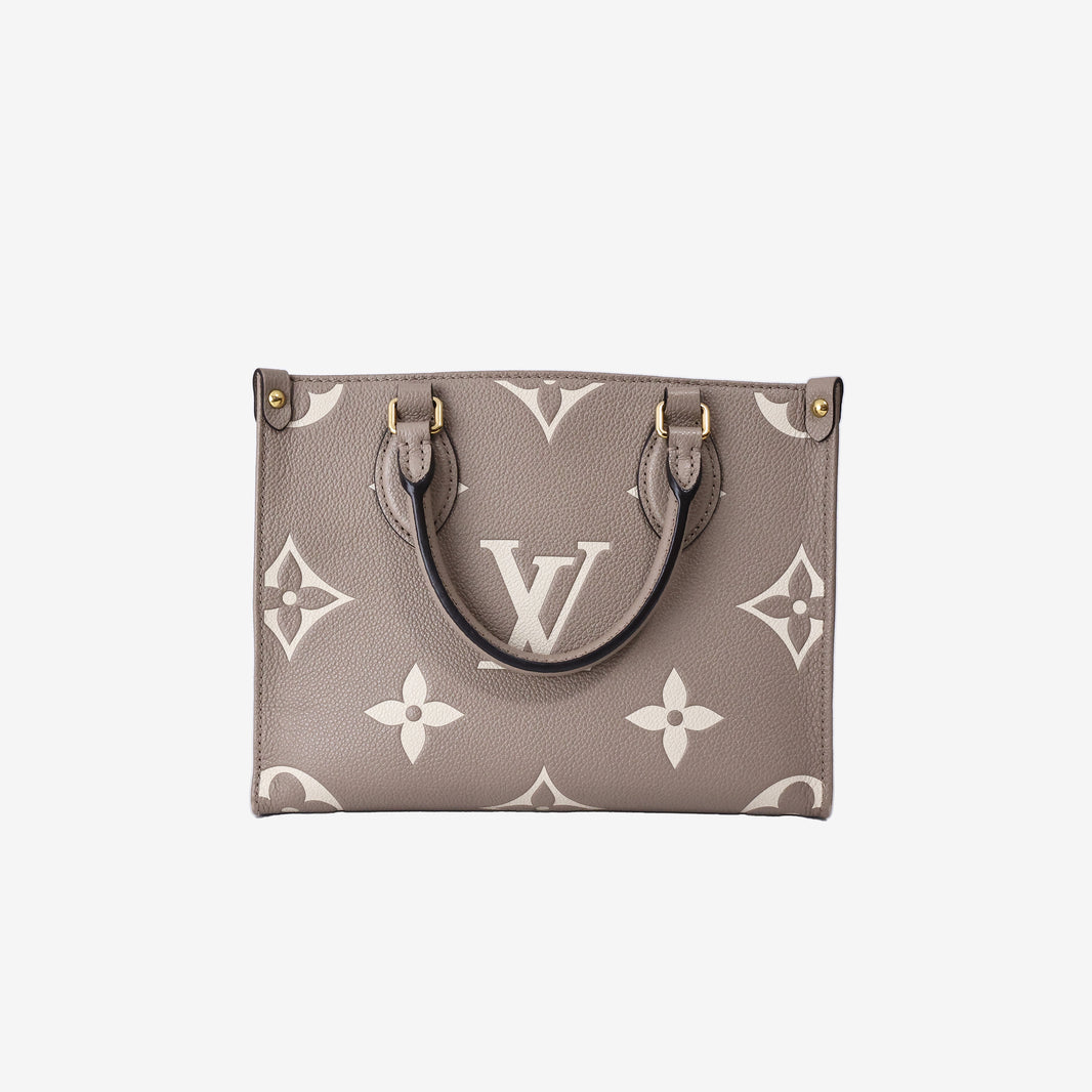 Louis Vuitton OnTheGo PM Tote Bag in Tourterelle/Crème Monogram Empreinte Leather with Gold Hardware