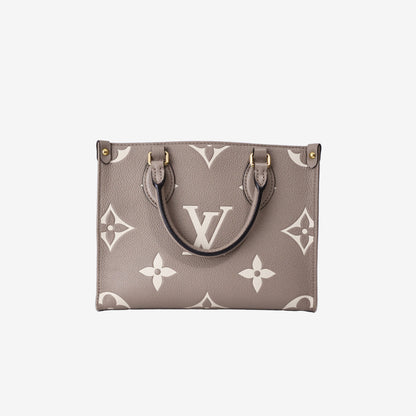 Louis Vuitton OnTheGo PM Tote Bag in Tourterelle/Crème Monogram Empreinte Leather with Gold Hardware
