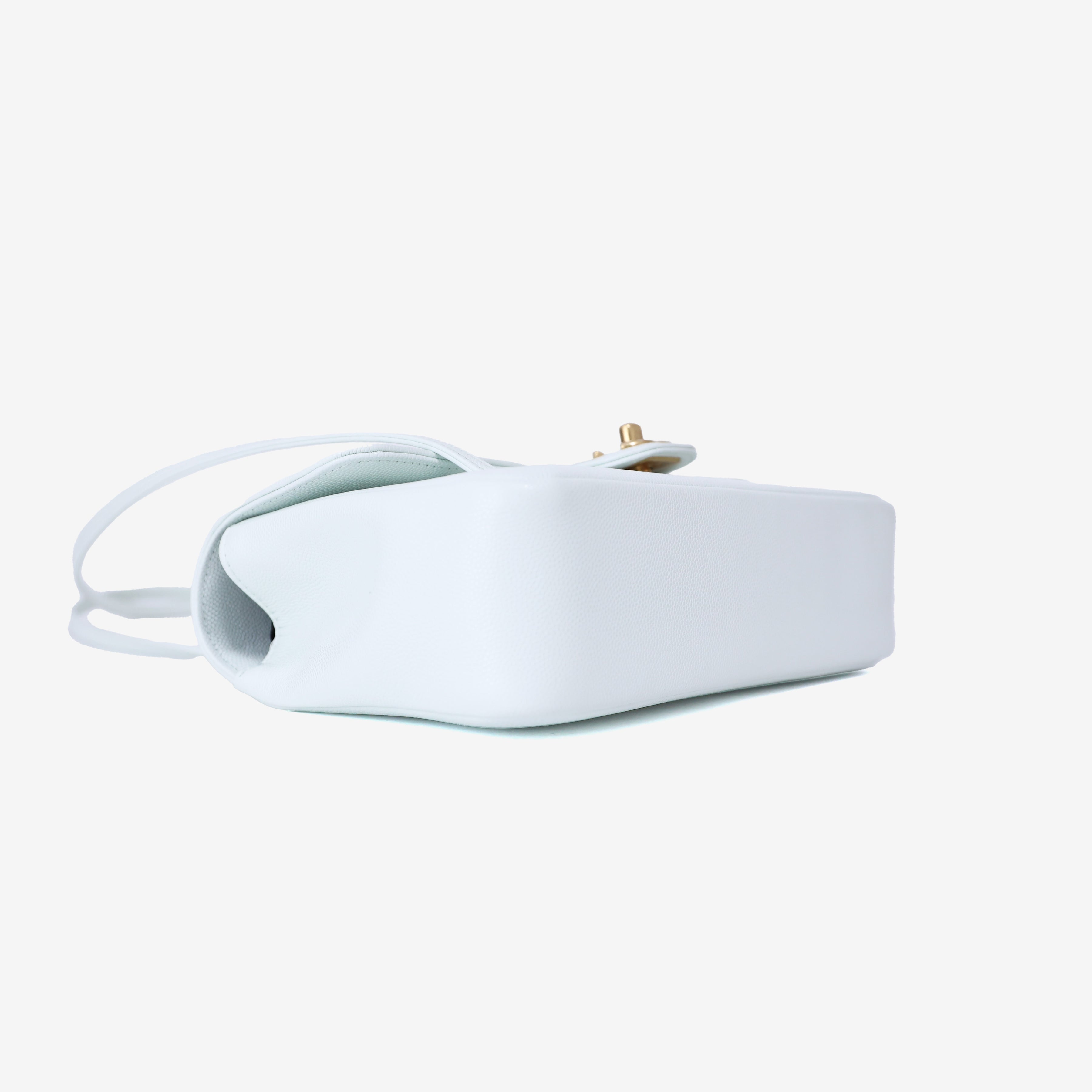 Chanel 26P Preppy Flap Small in Light Blue Calfskin Leather with Gold Hardware bottom side view