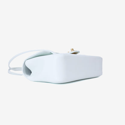Chanel 26P Preppy Flap Small in Light Blue Calfskin Leather with Gold Hardware bottom side view