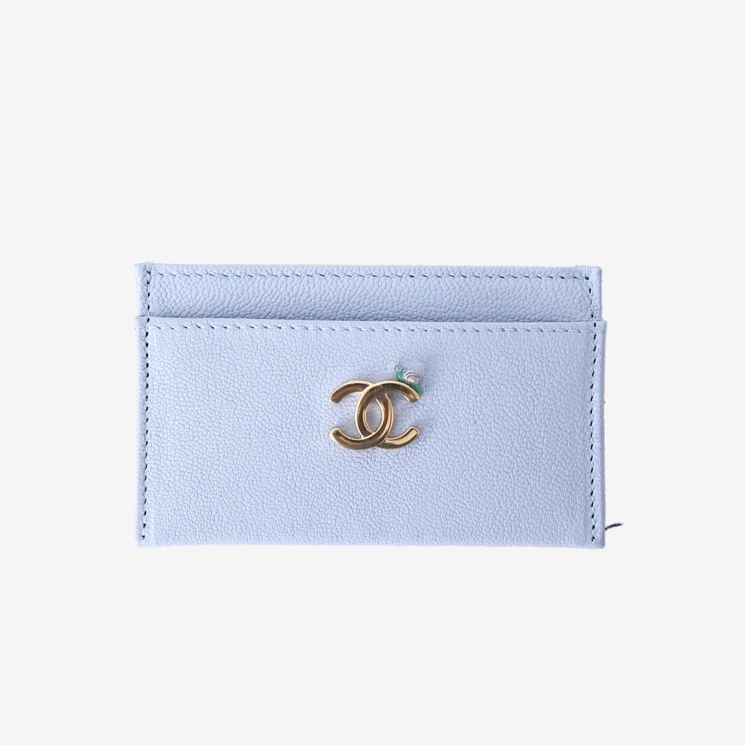 Chanel 26A Card Holder in Light Blue Grained Goatskin with Enamel and Gold Hardware
