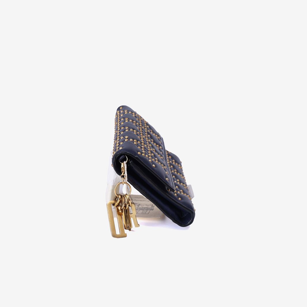 Dior Cannage Stud Wallet on Chain in Navy Lambskin Leather with Gold Hardware side view