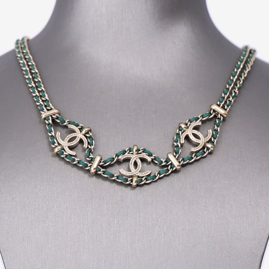 Chanel Leather CC Wrap Necklace in Green Leather with Gold Hardware detail view