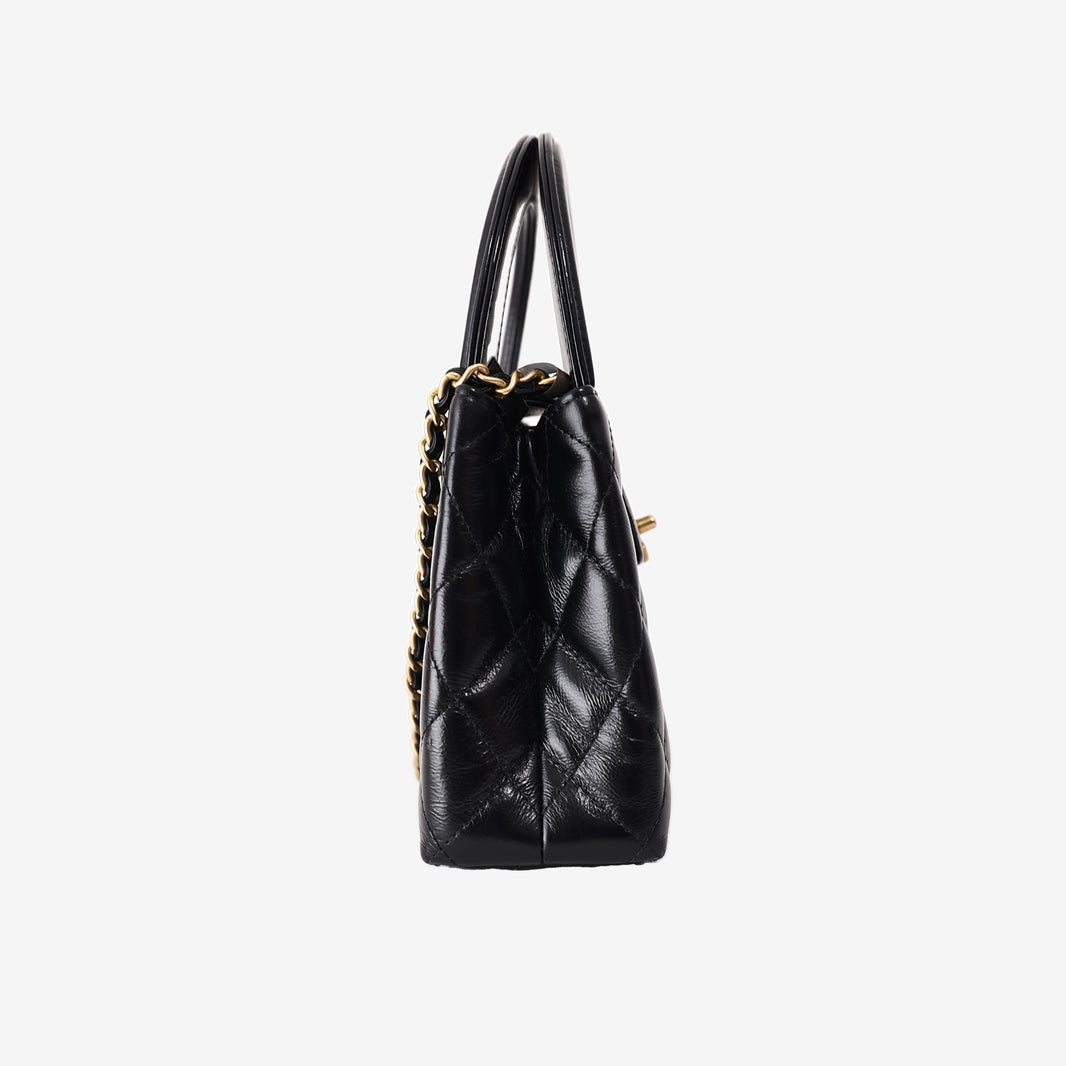 Chanel Black Quilted Nano Kelly Shopper Bag in Black Calfskin Leather with Gold Hardware