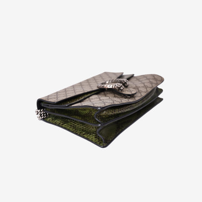 Gucci Dionysus Medium Shoulder Bag in Beige Ebony GG Supreme Canvas with Snakeskin Print and Silver Hardware