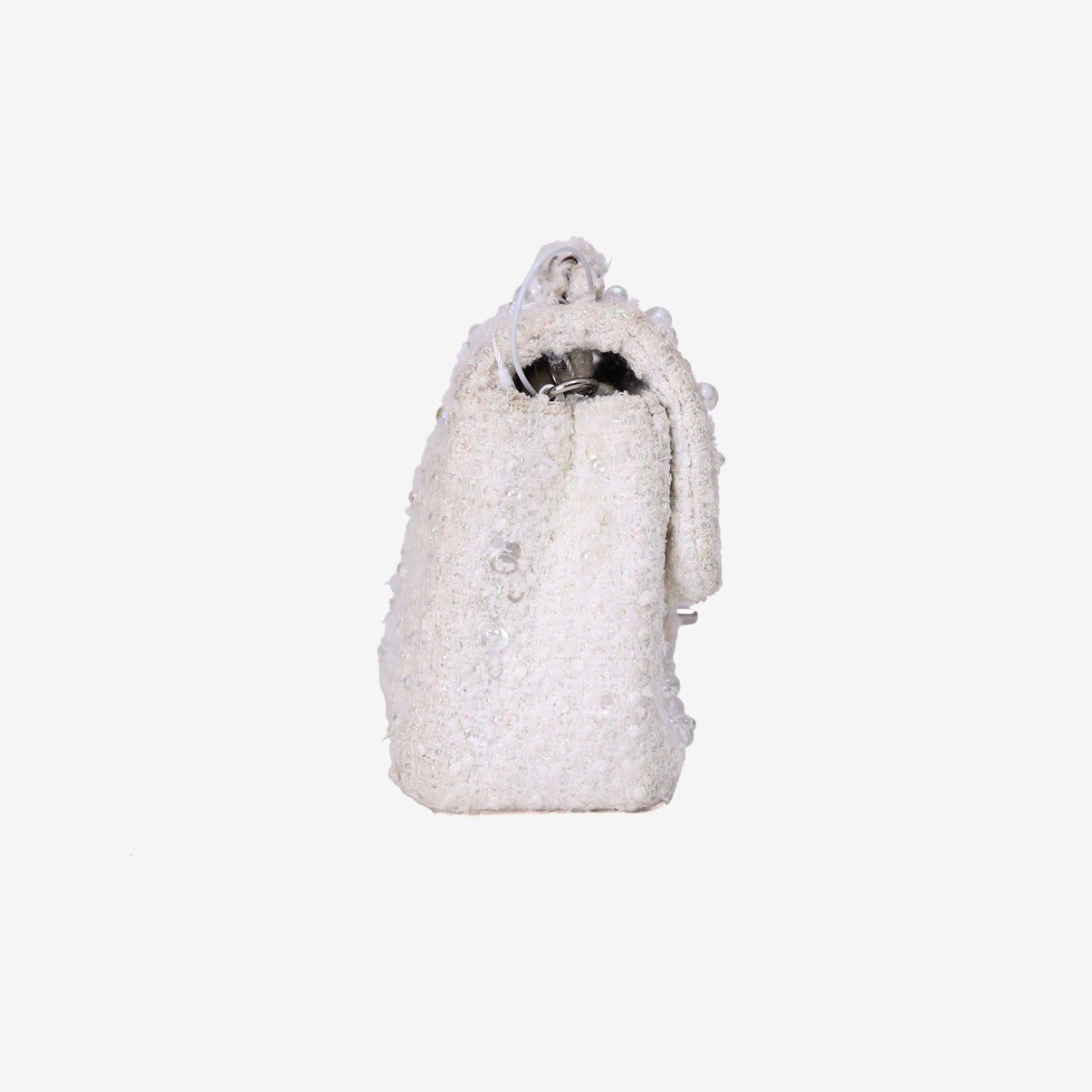 Chanel Tweed Beaded Mini Rectangular Flap in White Tweed with Silver Hardware side view