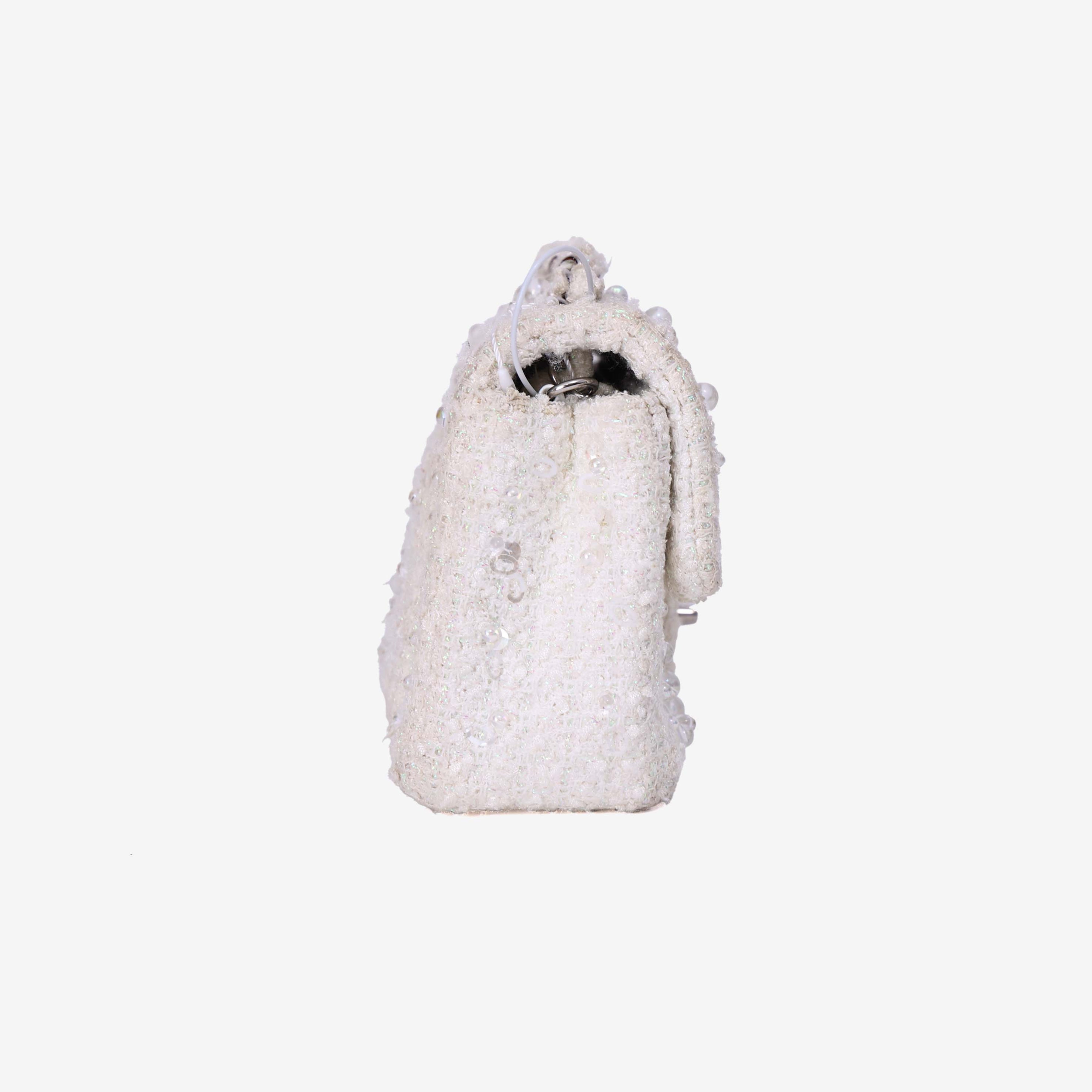 Chanel Tweed Beaded Mini Rectangular Flap in White Tweed with Silver Hardware side view